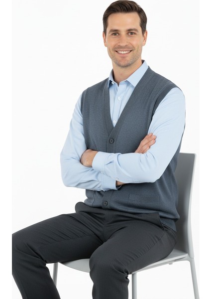 Erkek V Yakalı Düğmeli Çift Cepli Klasik Model Rahat Kesim Tam Kalıp Yünlü Dokuma Yelek fiyatları