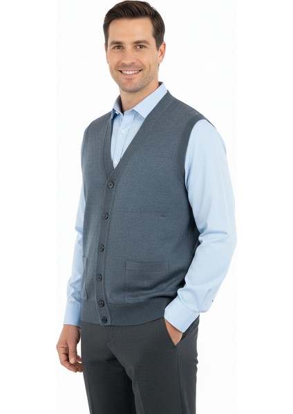 Erkek V Yakalı Düğmeli Çift Cepli Klasik Model Rahat Kesim Tam Kalıp Yünlü Dokuma Yelek fırsatları