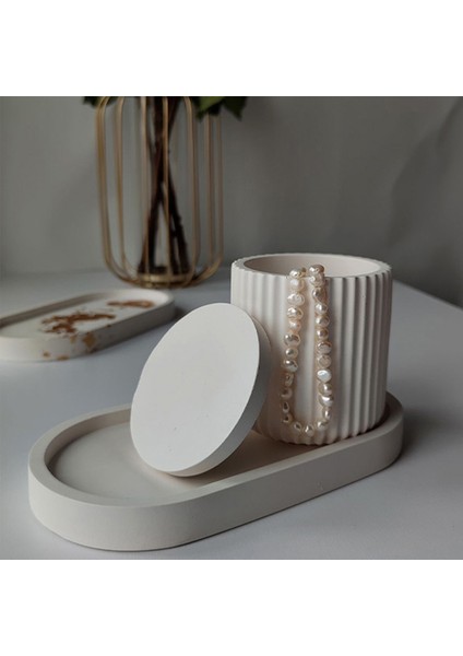 2'li Dekoratif Beyaz Takı Kutusu ve Taş Tabak Seti