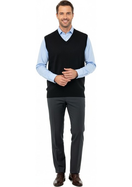 Erkek V Yakalı Düz Renk Klasik Model Rahat Kesim Tam Kalıp Yünlü Dokuma Süveter fiyatları