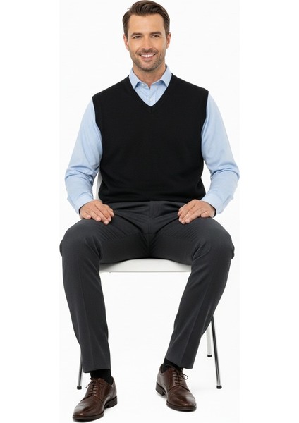 Erkek V Yakalı Düz Renk Klasik Model Rahat Kesim Tam Kalıp Yünlü Dokuma Süveter modelleri