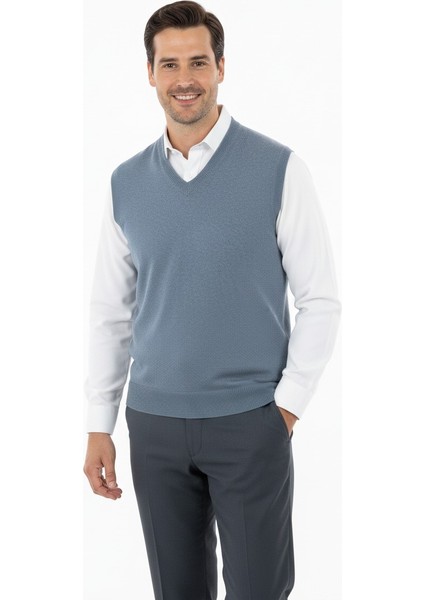 Erkek V Yakalı Düz Renk Klasik Model Rahat Kesim Tam Kalıp Yünlü Dokuma Süveter
