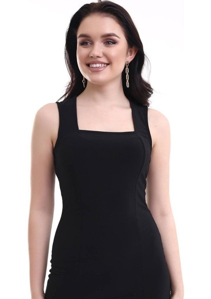 Kadın Kare Yaka Kolsuz Sandy Kumaş Fırsat Ürün Diz Üstü Elbise indirimleri