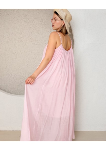 Ip Askılı Rahat Kalıp Astarlı Vual Uzun Keten Elbise modelleri