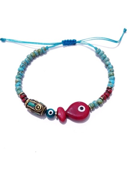 Hematit Doğaltaşlı Kırmızı Murano Cam Balık Nepal ve Miyuki Round Boncuklu Bileklik