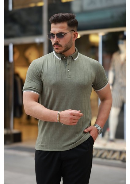 Erkek Düğme Yakalı Jakar Kumaş Kısa Kollu Tişört