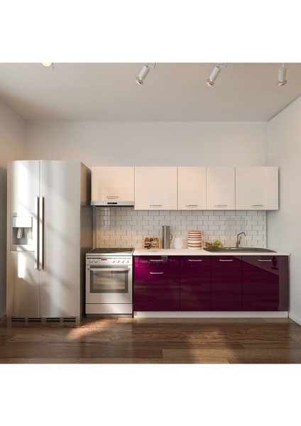 Nisan Hazır Mutfak Dolabı 260 cm - Parlak Mürdüm ve Beyaz - Tezgah Dahil