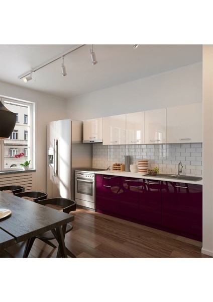 Nisan Hazır Mutfak Dolabı 260 cm - Parlak Mürdüm ve Beyaz - Tezgah Dahil fiyatları