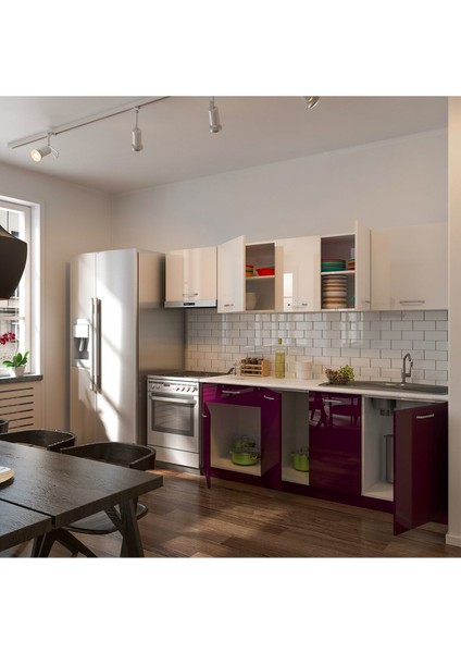 Nisan Hazır Mutfak Dolabı 260 cm - Parlak Mürdüm ve Beyaz - Tezgah Dahil modelleri