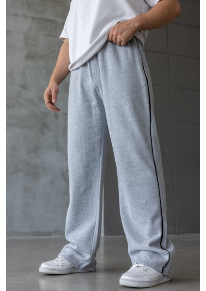 Erkek Kışlık Gri Şeritli Oversize Baggy Eşofman Altı