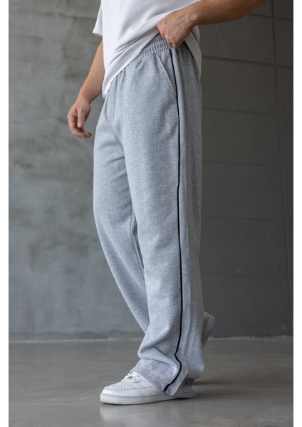 Erkek Kışlık Gri Şeritli Oversize Baggy Eşofman Altı