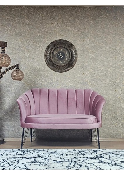 Ikili Istiridye Siyah Boyalı Telli Ayak Çay Seti Koltuk Tekli Berjer , Ikili Berjer Koltuk Pembe Renk 110 x 48 Boyut/ebat