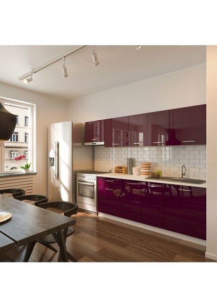 Nevin Hazır Mutfak Dolabı 260CM-TEZGAH Dahil-Parlak Mürdüm