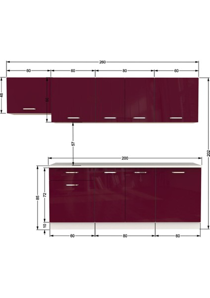 Nevin Hazır Mutfak Dolabı 260CM-TEZGAH Dahil-Parlak Mürdüm modelleri