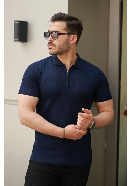 Erkek Fermuar Yakalı Kısa Kollu Tişört