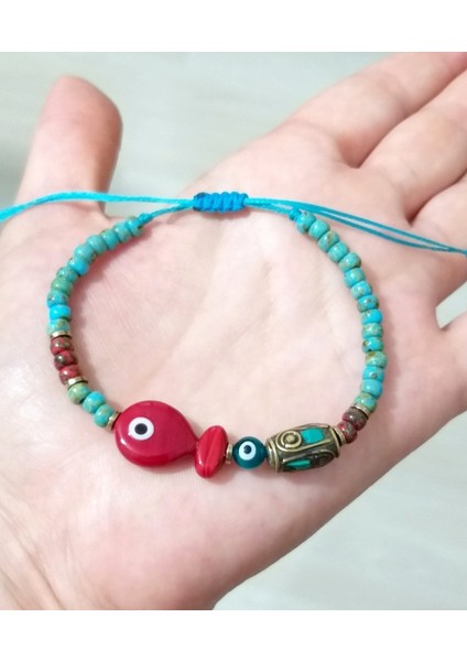 Hematit Doğaltaşlı Kırmızı Murano Cam Balık Nepal ve Miyuki Round Boncuklu Bileklik