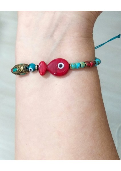 Hematit Doğaltaşlı Kırmızı Murano Cam Balık Nepal ve Miyuki Round Boncuklu Bileklik