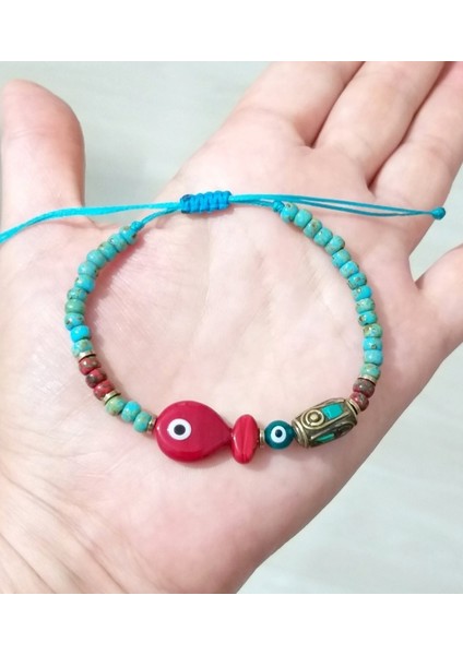Hematit Doğaltaşlı Kırmızı Murano Cam Balık Nepal ve Miyuki Round Boncuklu Bileklik