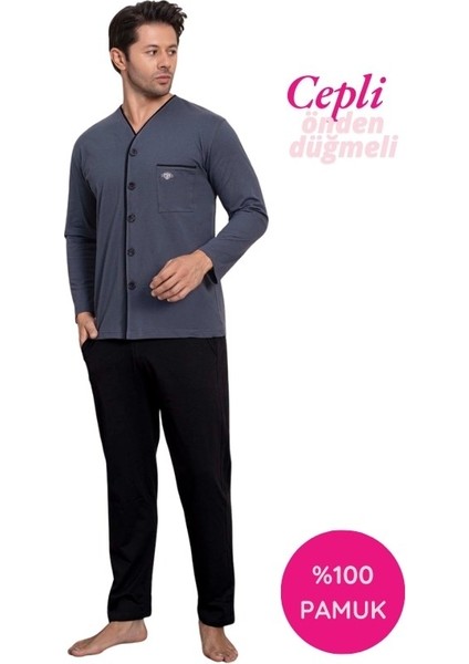 Erkek V Yaka Öden Düğmeli Göğüs Cepli %100 Pamuk Uzun Kol Cepli Pijama Takımı-Dede Hastane Pijaması