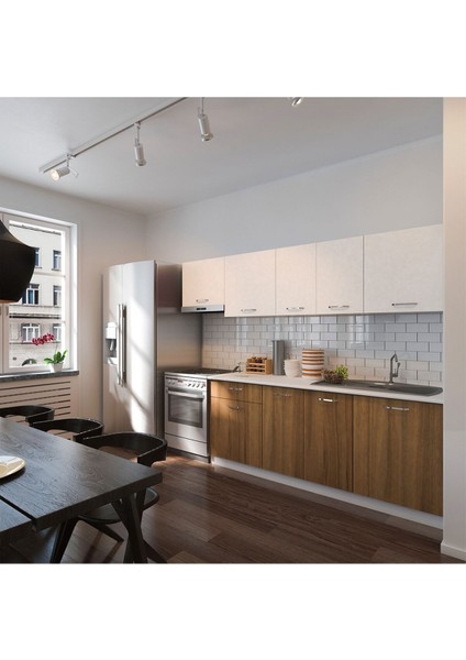 Oya Hazır Mutfak Dolabı 260 cm - Tezgah Dahil-Ceviz - Beyaz