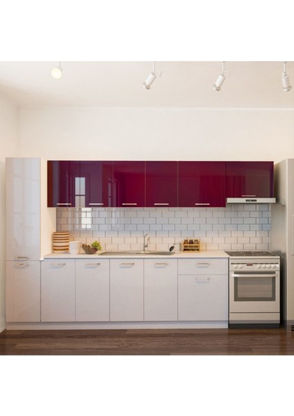 Uraz Hazır Mutfak Dolabı Kiler Dahil 320 Cm–parlak Beyaz Mürdüm - Tezgah Dahil