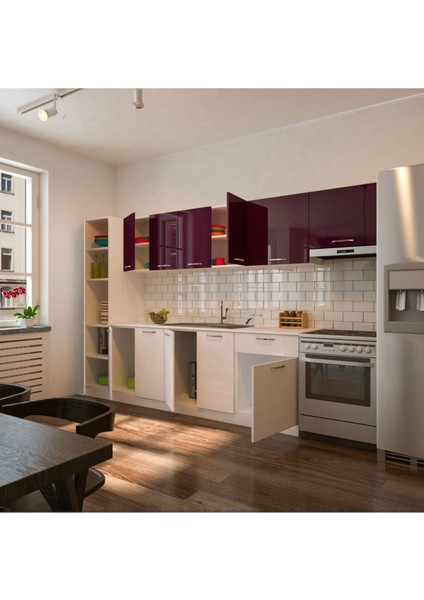 Uraz Hazır Mutfak Dolabı Kiler Dahil 320 Cm–parlak Beyaz Mürdüm - Tezgah Dahil fiyatları