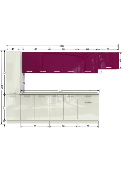 Uraz Hazır Mutfak Dolabı Kiler Dahil 320 Cm–parlak Beyaz Mürdüm - Tezgah Dahil fırsatları