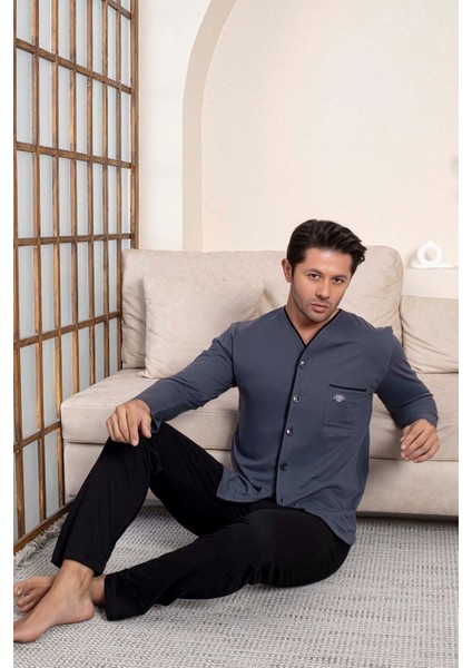 Erkek V Yaka Öden Düğmeli Göğüs Cepli %100 Pamuk Uzun Kol Cepli Pijama Takımı-Dede Hastane Pijaması modelleri