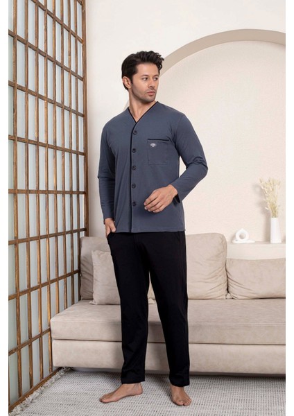 Erkek V Yaka Öden Düğmeli Göğüs Cepli %100 Pamuk Uzun Kol Cepli Pijama Takımı-Dede Hastane Pijaması fırsatları