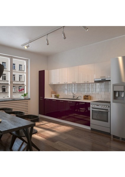 Verda Hazır Mutfak Dolabı Kiler Dahil 320CM–PARLAK Mürdüm Beyaz - Tezgah Dahil