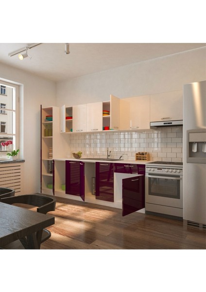 Verda Hazır Mutfak Dolabı Kiler Dahil 320CM–PARLAK Mürdüm Beyaz - Tezgah Dahil fiyatları