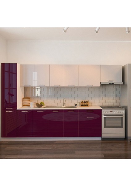 Verda Hazır Mutfak Dolabı Kiler Dahil 320CM–PARLAK Mürdüm Beyaz - Tezgah Dahil indirimleri