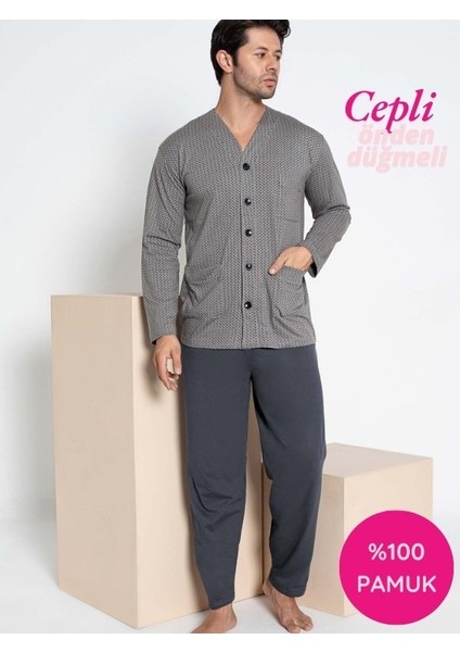 Erkek V Yaka Öden Düğmeli Göğüs Cepli %100 Pamuk Uzun Kol Cepli Pijama Takımı-Dede Hastane Pijaması