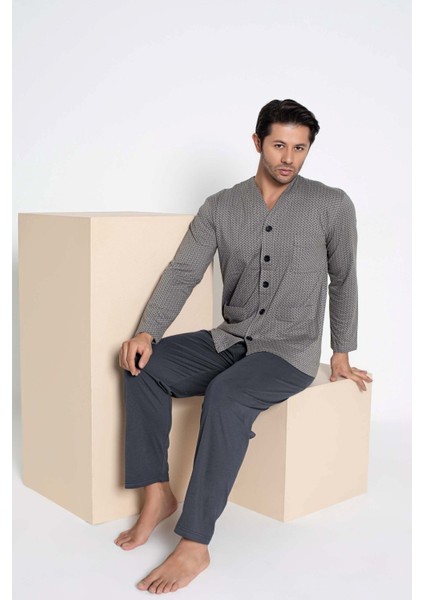 Erkek V Yaka Öden Düğmeli Göğüs Cepli %100 Pamuk Uzun Kol Cepli Pijama Takımı-Dede Hastane Pijaması modelleri