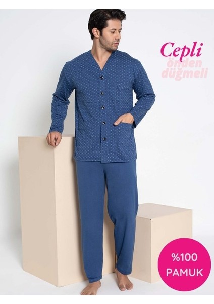 Erkek V Yaka Öden Düğmeli Göğüs Cepli %100 Pamuk Uzun Kol Cepli Pijama Takımı-Dede Hastane Pijaması