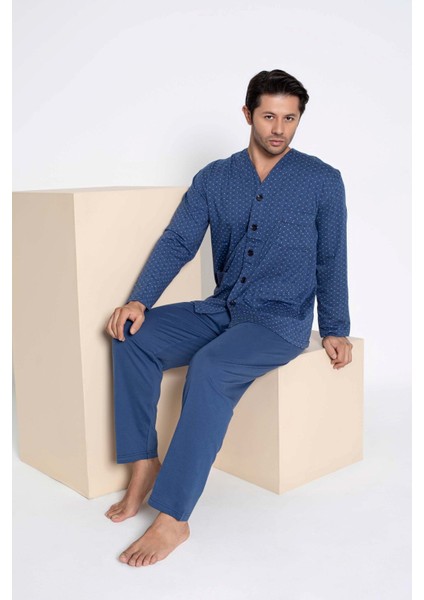Erkek V Yaka Öden Düğmeli Göğüs Cepli %100 Pamuk Uzun Kol Cepli Pijama Takımı-Dede Hastane Pijaması modelleri
