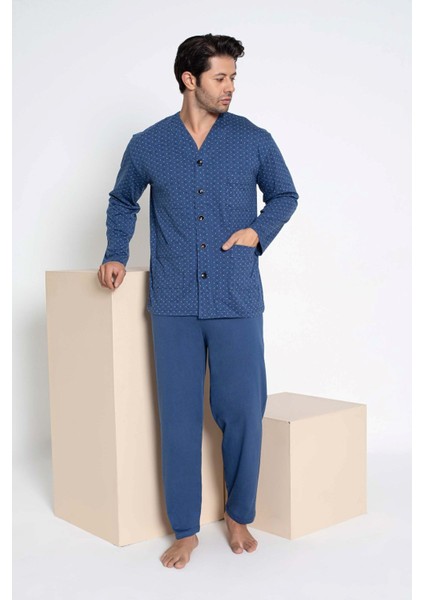 Erkek V Yaka Öden Düğmeli Göğüs Cepli %100 Pamuk Uzun Kol Cepli Pijama Takımı-Dede Hastane Pijaması fırsatları