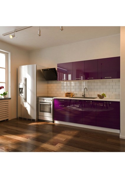 Rana Hazır Mutfak Dolabı 200 Cm– Parlak Mürdüm – Tezgah Dahil