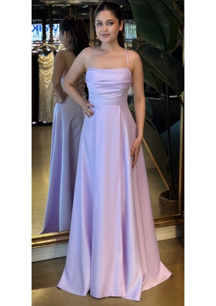 Lila Ip Askılı Sırt Dekolteli Kloş Etekli Saten Uzun Abiye Elbise 7764