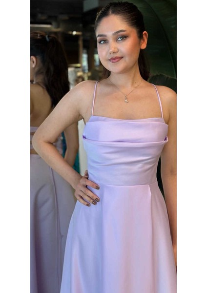 Lila Ip Askılı Sırt Dekolteli Kloş Etekli Saten Uzun Abiye Elbise 7764 fiyatları