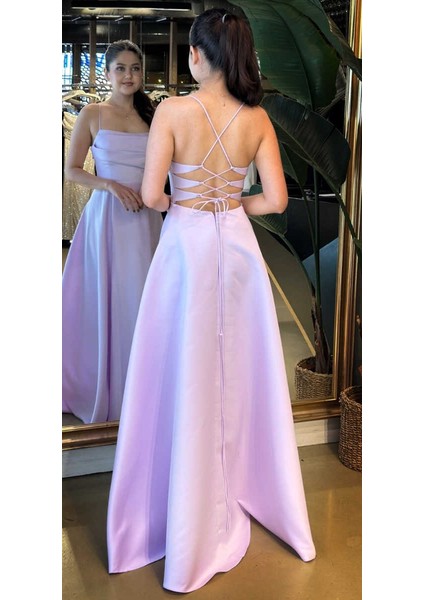 Lila Ip Askılı Sırt Dekolteli Kloş Etekli Saten Uzun Abiye Elbise 7764 fırsatları