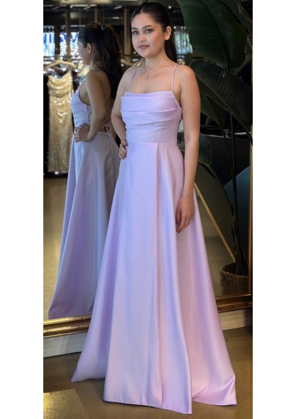 Lila Ip Askılı Sırt Dekolteli Kloş Etekli Saten Uzun Abiye Elbise 7764 indirimleri