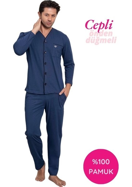 Erkek V Yaka Öden Düğmeli Göğüs Cepli %100 Pamuk Uzun Kol Cepli Pijama Takımı-Dede Hastane Pijaması