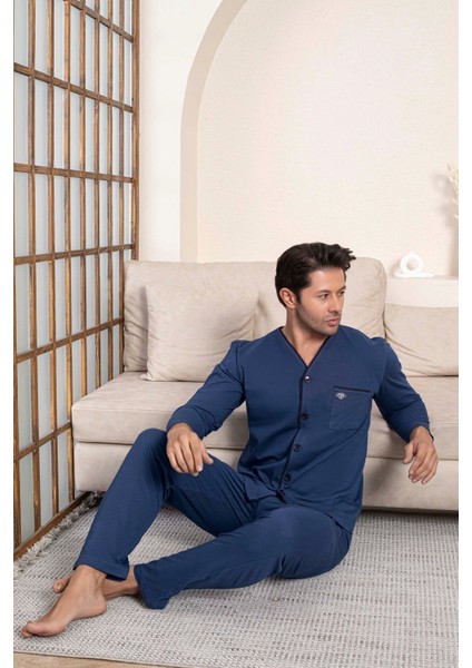 Erkek V Yaka Öden Düğmeli Göğüs Cepli %100 Pamuk Uzun Kol Cepli Pijama Takımı-Dede Hastane Pijaması modelleri