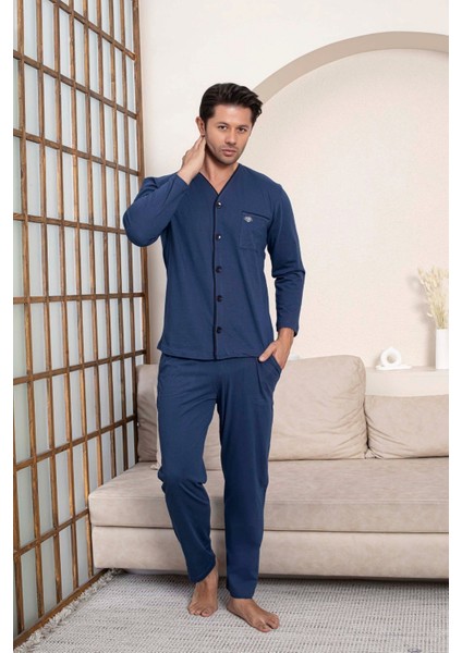 Erkek V Yaka Öden Düğmeli Göğüs Cepli %100 Pamuk Uzun Kol Cepli Pijama Takımı-Dede Hastane Pijaması fırsatları
