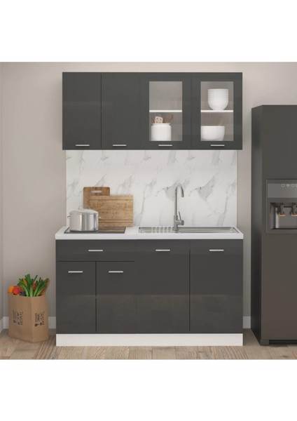 Helin Mutfak Dolabı Modern Antrasit Highgloss 140 cm Tezgah Dahil Kullanım