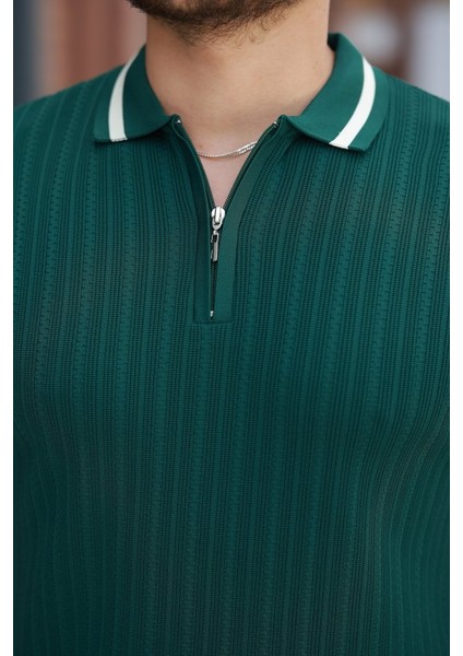 Erkek Yaka ve Kolları Çizgi Detaylı Fermuarlı Kısa Kollu T-Shirt modelleri