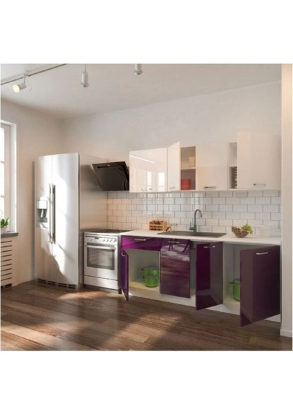 Selvi Hazır Mutfak Dolabı 200 cm Parlak Mürdüm ve Beyaz Tezgah Dahil