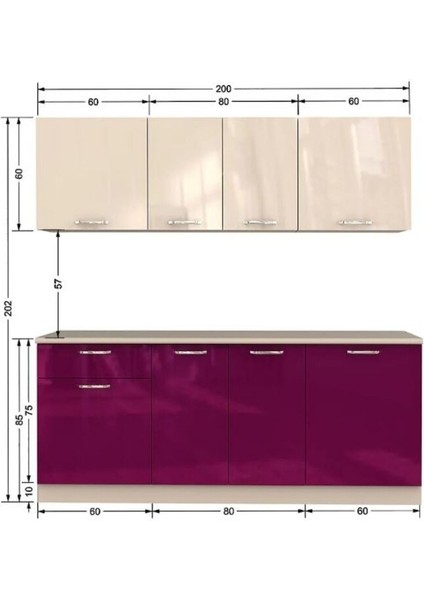 Selvi Hazır Mutfak Dolabı 200 cm Parlak Mürdüm ve Beyaz Tezgah Dahil fiyatları