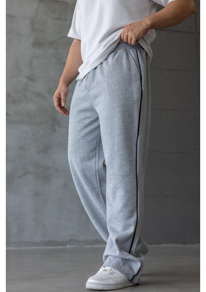 Erkek Kışlık Gri Şeritli Oversize Baggy Eşofman Altı